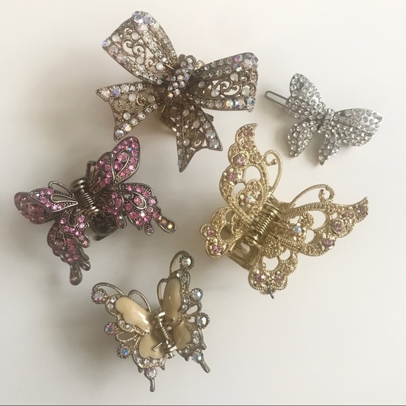 Brass-Toned Bow Ribbon Hair Clip with Line Stones - Picture 5 of 5